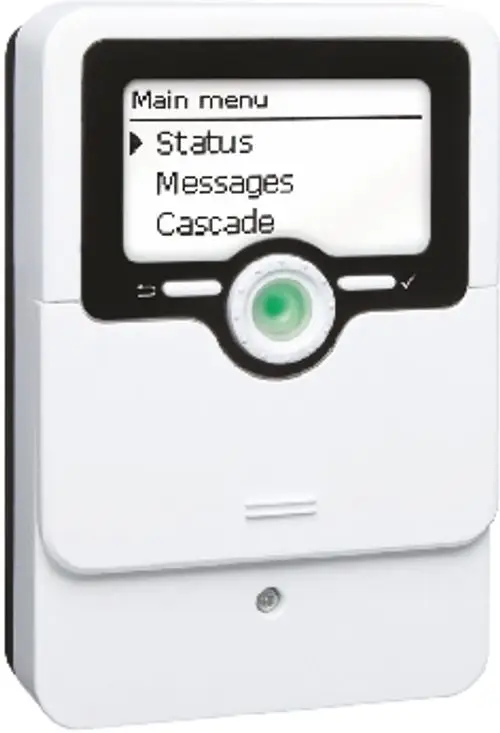 Wolfs Master Regler für Heizsysteme mit einem Display, das Optionen für Status, Nachrichten und Cascade anzeigt. Kompakte Bauform in Weiß.